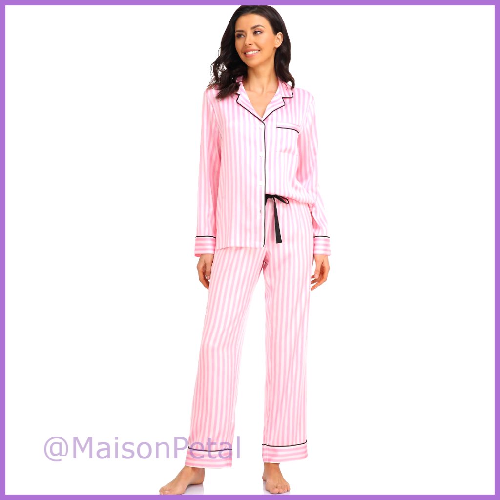Satin Pajama Set Long Sleeve Button Down Sleepwear 2-Piece
